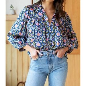 Emerson Fry India Collection Floral Block Print Boho Cotton Peasant Blouse XS
